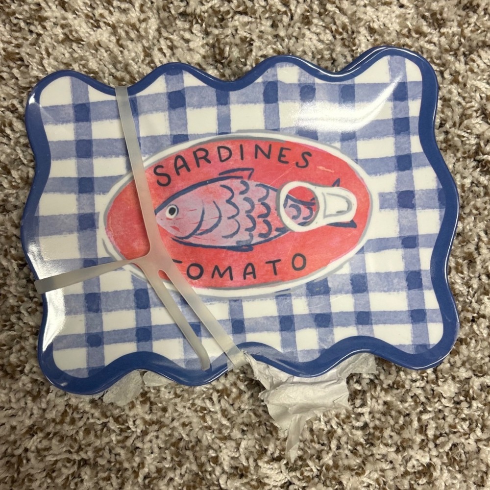 Sardines in Tomato Ceramic Appetizer Plate Blue Gingham Scalloped Edge 3Tray